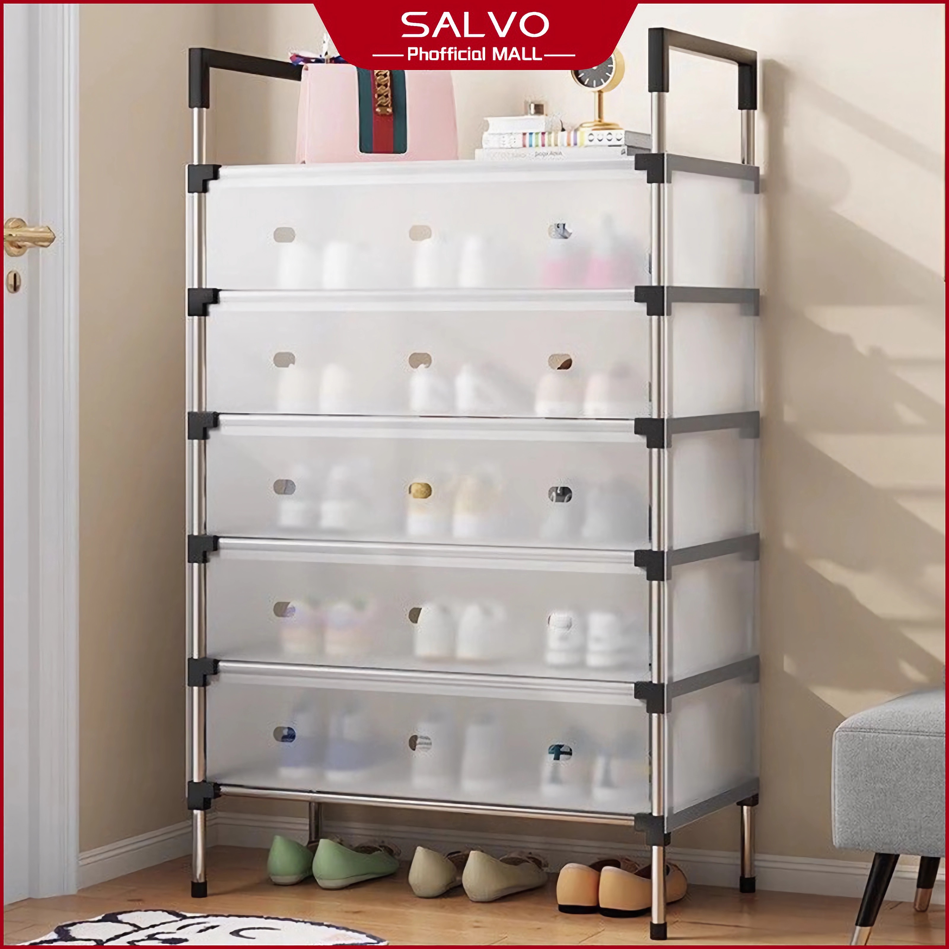 Salvo 4/5/6 stacking shoe rack with cover dustproof and water resistant stainless steel shoe storage Harga  79,000 rupiah*Gratis Ongkir