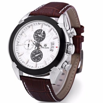 [100% Authentic] MEGIR 2020 Men Chronograph Leather Military QuartzWatch-Black + Free Watch Box - intl  