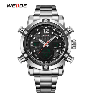 [100% Genuine]WEIDE Sport Watch Luxury Brand Dual Time Zone Black LCD Dial Alarm Steel Strap Relogio Quartz Digital Military Men Wristwatch Blue  