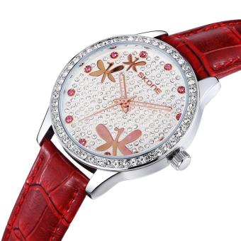 aiweiyi SKONE Luxury Brand Fashion Watches Women Rhinestone Leather Strap Watch Ladies Butterfly Reloje Mujer Relogios (Red)  