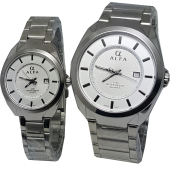 Gambar Alfa watch ALF09 Jam Tangan Couple   Strap Stainless Steel   Silver  Tanggal Hari