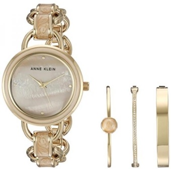 Anne Klein Womens AK/2750LPST Gold-Tone and Tan Marbleized Open Link Bracelet Watch and Bangle Set - intl  