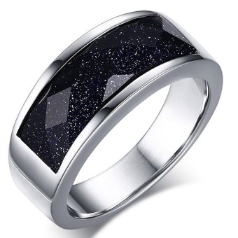 Gambar Biru tua batu pasir perak batu besar cincin pria cincin warna 316Liter Stainless Steel Ring untuk pria