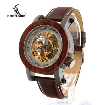 Gambar BOBOBIRD K12 Red Sandalwood Steel Exposed Mechanical Watch Jam Tangan Vintage Bronze Skeleton Clock Male Antique Steampunk Casual Automatic K12