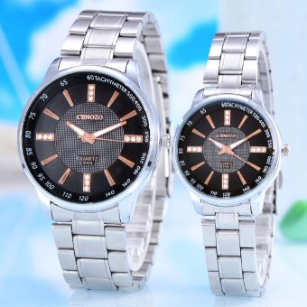 Gambar Cenozo   Jam Tangan Pria   Wanita   Body Silver   Black Rose Dial   Silver Stainless steel band   CNZ RT 9103A GL SBR Couple   Stainless steel band