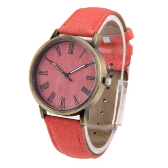 Denim Texture Style Round Dial Retro Digital Display Women and Men Quartz Watch With PU Leather Band(Pink) - intl  