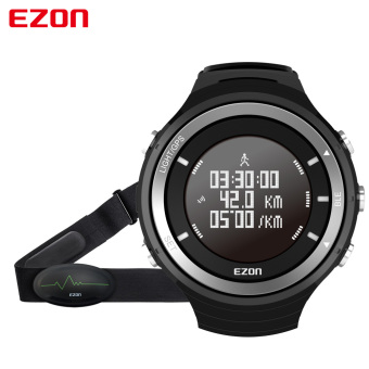 Gambar EZON pintar olahraga lari marathon perhiasan Bluetooth 4.0 GPSreceiver alat pengukur langkah denyut jantung trek jam tangan alatpengukur tinggi barometer (Hitam)