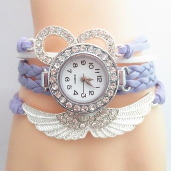 Fashion Women Watch Rhinestone Angel Wings Charm Weave Bracelet - Light Purple - intl  