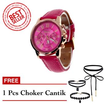 Geneva Free Choker Cantik - Jam Tangan Wanita - Pink Tua - Strap Kulit - TPT4122705PINK2 FREE CHOKER  