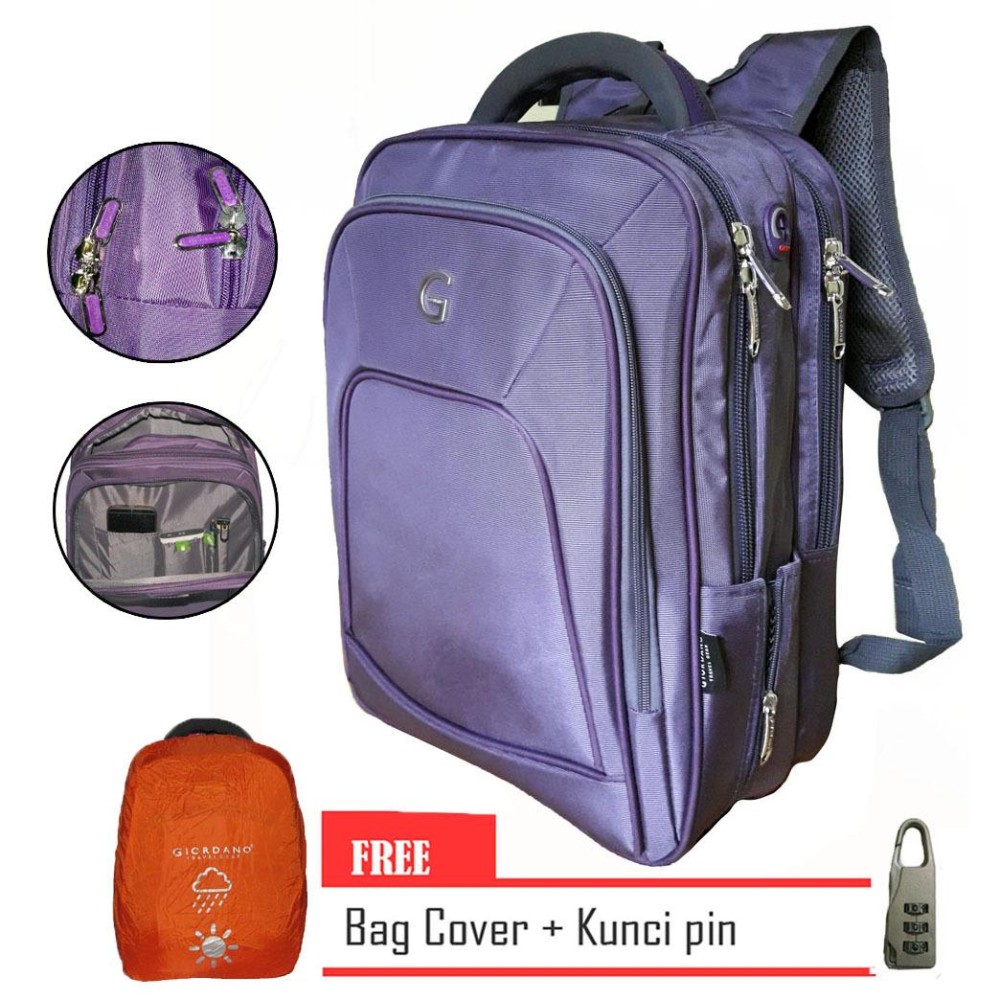 Giordano Backpack Laptop Original Import Free -Ungu Raincover Dan Kunci Pin