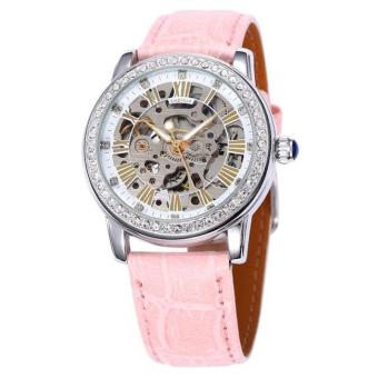 goplm New Women Crystal Mechanial Watches Waterproof Shenhua Top Brand Luxury Rose Gold Automatic Mechanical Skeleton Watches Women (Pink)  