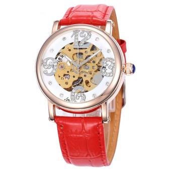goplm New Women Mechanial Watches Shenhua Top Brand Luxury Rose Gold Automatic Mechanical Skeleton Watches Women 30M Waterproof Reloj (Red)  