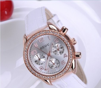 Gambar GUOU berlian imitasi tali kulit kalender jam tangan wanita