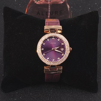 Gambar GUOU kulit ungu berlian sabuk bentuk perempuan jam tangan wanita