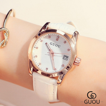 Gambar GUOU tren berlian imitasi wanita kalender jam Kulit jam dengan
