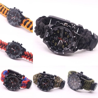 Hiking Survival Paracord Quartz Wrists Watch Compass Flint Fire Starter Whistle - intl  