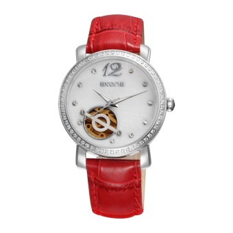 hoongos skone women watches skeleton Automechanical watch white leather band ladies simple fashion casual clock relogio femininos (red)  