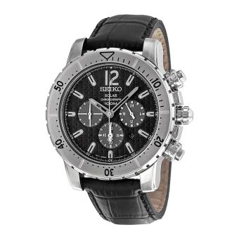 Seiko Watch Solar Chronograph Black Stainless-Steel Case Leather Strap Mens Japan NWT + Warranty