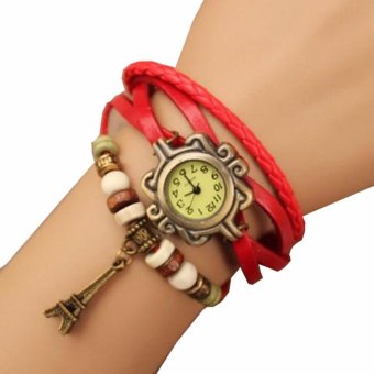 Jam Tangan Gelang Wanita Leather Strap Leaf Style Women Watc - Merah  