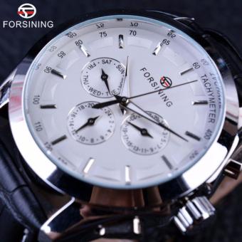 Jam tangan pria mewah jam otomatis merek teratas bisnis deret waktu hitam tali kulit asli 3 cakra angka 6 tangan  