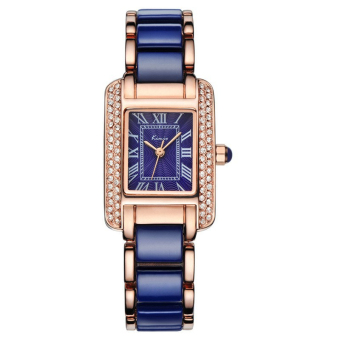 Gambar KIMIO Brand Rhinestone Rectangle Case Yellow Gold Watches WomenFashion Rome Ceramic Dress Watch (Blue Gold)