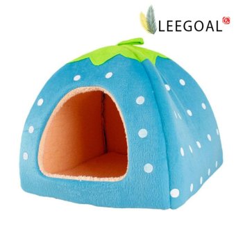 Gambar leegoal biru hewan peliharaan Strawberry House Bed dengan hangat mewah Pad (L)