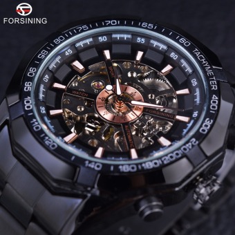 Men Sport Racing Series Skeleton Stainless Steel Black Golden Dial Top Brand Luxury Watches  