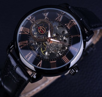 Men Top Brand Luxury Mechanical Watch Clock Black Bezel Red Roman Display Hollow Engraving Watch  