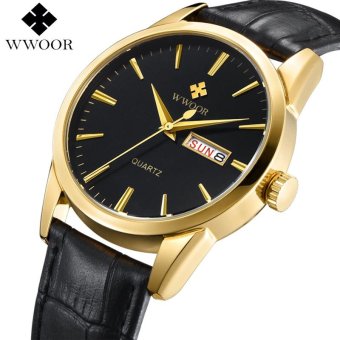 Men Watches Top Brand Date Day Genuine Leather Clock Luxury Gold Casual Watch Men's Quartz Sports Wrist Watch(Black&Gold) - intl  