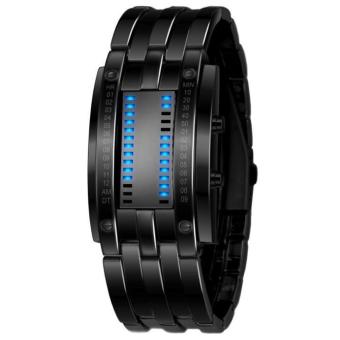 Gambar Men s hitam Stainless Steel tanggal Digital LED gelang Sport jam tangan hitam