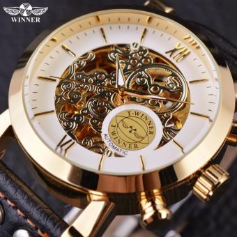 Mens Watches Luxury Golden Case Fashion Clouds Hollow Skeleton Genuine Leather Strap Clock Top Brand Luxury Automatic Watch - intl  