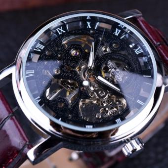 Mens Watches Royal Carving Skeleton Brown Leather Strap Silver Case Transparent Case Men Watch Top Brand Luxury Mechanical Watch Clock - intl  