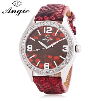 MiniCar Angie ST710910 Women Quartz Watch Genuine Leather Snakeskin Strap 3ATM Rhinestone Dial Wristwatch Red(Color:Red) - intl  