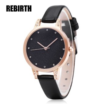 MiniCar REBIRTH RE018 Female Quartz Watch Artificial Diamond Shiny Dial Leather Band Wristwatch Black(Color:Black) - intl  