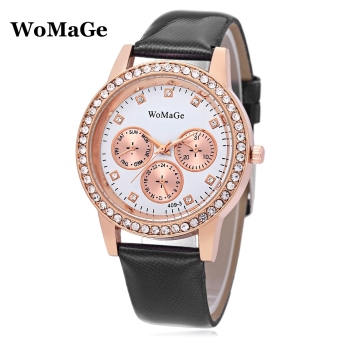 MiniCar WoMaGe 409 - 3 Female Quartz Watch Three Decorative Sub-dials Artificial Diamond Dial Wristwatch Black(Color:Black) - intl  