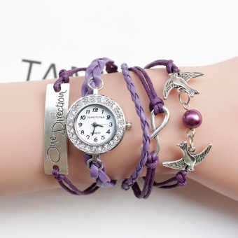 moob 2016 Brand Watches Women Rhinestone Creative PU Leather Strap Wristwatch Fashion Dress Bracelet Quartz Watch Shock Clock Gift (purple birds)  