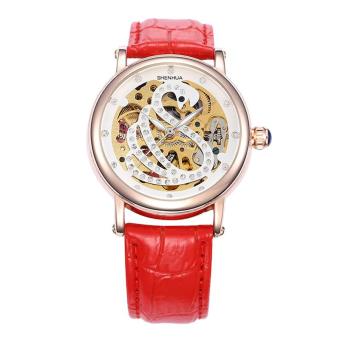 moob 2016 Casual Dress Watches Women Red Crystal Skeleton Dial Auto Mechanical Wristwatch Gift Xmas Gift Free Ship (Red)  