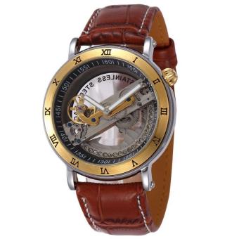 oxoqo SHENHUA Fashion Gold Skeleton Reloj Retro Hombre Watch Mens Women Auto Mechanical Genuine Leather Wristwatch Free Ship (Brown)  