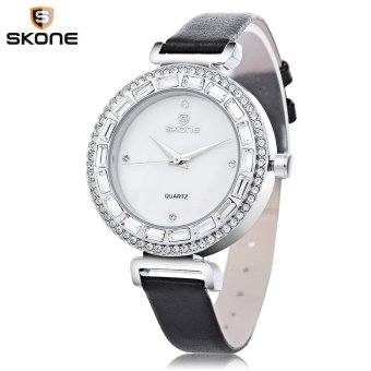 S&L Skone 9284 Women Quartz Watch Artificial Diamond Bezel Leather Band Female Wristwatch (Black) - intl  