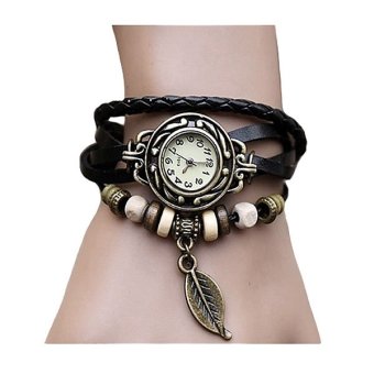 Santorini Jam Tangan Wanita Fashion Leather Strap Leaf Style Women Watch - Black  