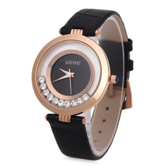 SH GUOU 8039 Female Quartz Watch Water Resistance Rolling Artificial Diamond Genuine Leather Band Wristwatch Black - intl  