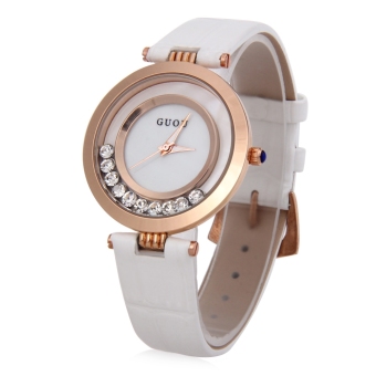 SH GUOU 8039 Female Quartz Watch Water Resistance Rolling Artificial Diamond Genuine Leather Band Wristwatch White - intl  