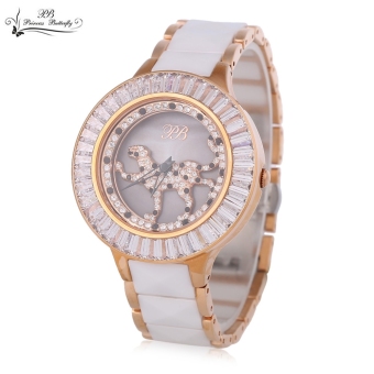 SH PRINCESS BUTTERFLY HL593 Women Quartz Watch Revolving Artificial Rhinestone Leopard Dial Ceramic Strap Wristwatch Silver - intl  