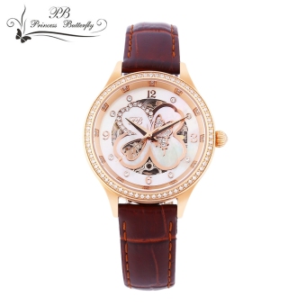 SH Princess Butterfly HL598 Women Automatic Mechanical Watch Genuine Leather Strap Sapphire Mirror Wristwatch Brown - intl  