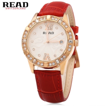 SH READ R2050 Female Quartz Watch Artificial Diamond Dial Date Display Roman Numerals 3ATM Leather Band Wristwatch Red - intl  