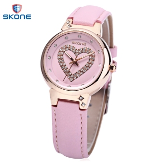 SH SKONE 9322 Female Quartz Watch Artificial Diamond Heart Pattern Dial Leather Band Wristwatch Pink - intl  