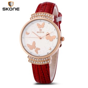 SH SKONE 9374 Women Quartz Watch Imported Movt Butterfly Pattern Artificial Diamond Dial Wristwatch Red - intl  