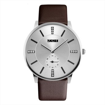 SKMEI 1168 Men 's Ultra-thin Fashion Business Leather Strap Quartz Watch silver Shell (brown)  