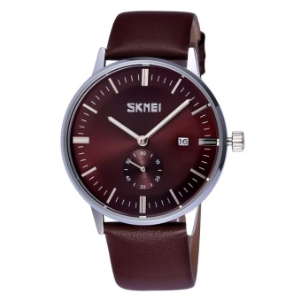 SKMEI Nail Scale Round Dial Small Function Second Dial Calendar Display Men Sport Quartz Watch With Genuine Leather Band(Brown) - intl  