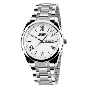 Skmei New Fashion Men's Silver Stainless Steel Band Wrist Watch+White 9056  